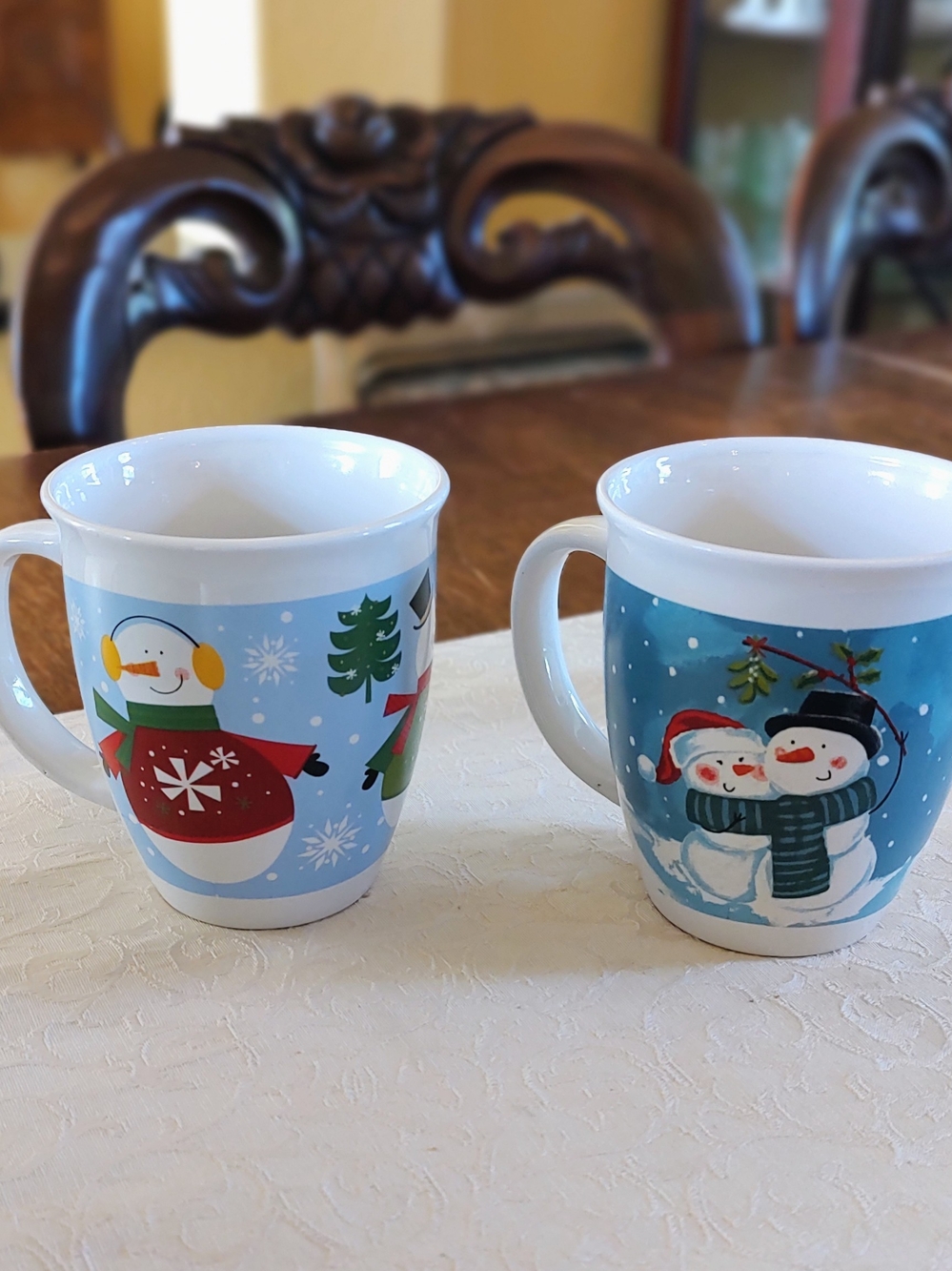 Royal Norfolk Blue Holiday Snowman Ceramic Mugs Set